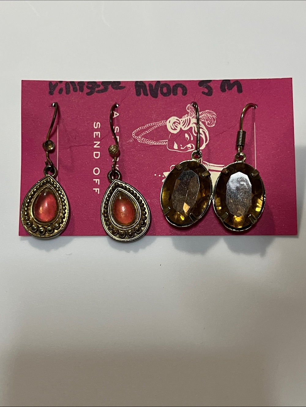 Avon Pink Teardrop and Amber Oval Earrings Duo
